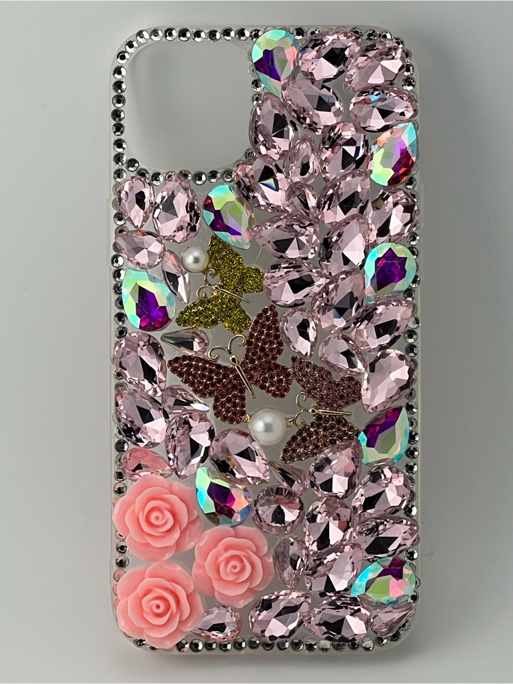 Pink Crystal Butterfly & Rose Embellished Phone 15 plus Case
